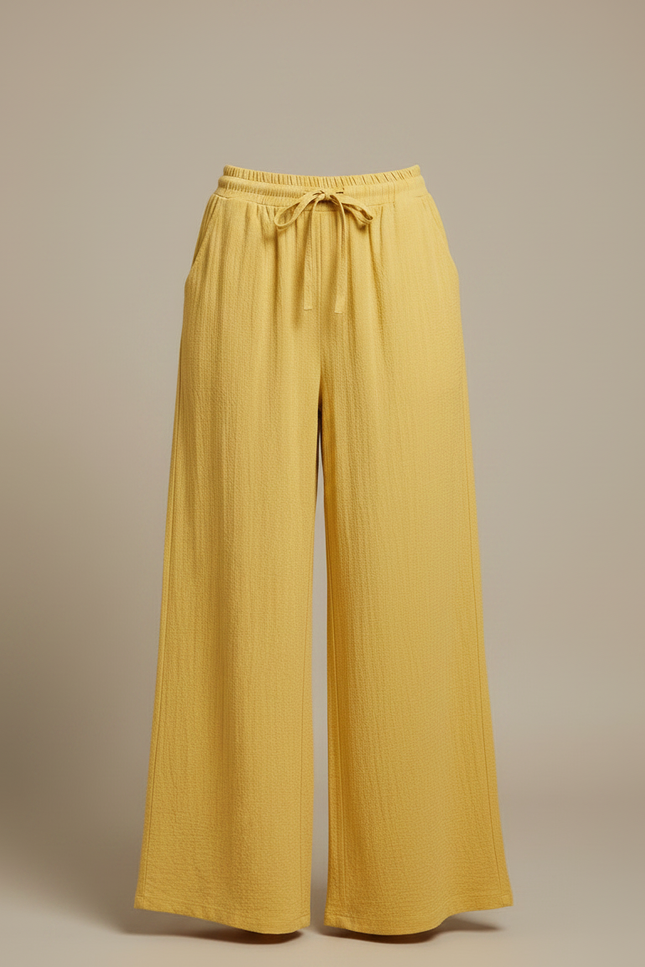 Pantalon Fluide Jaune Ample Coton Texturé Décontracté - vue 3