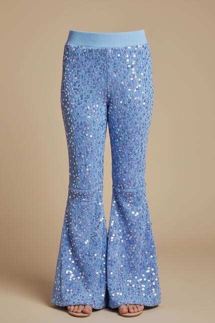 Pantalon Fluide Bleu Paillettes Évasé Confortable Brillant - Maille - vue 3