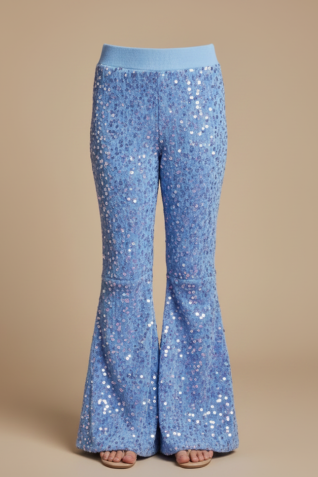 Pantalon Fluide Bleu Paillettes Évasé Confortable Brillant - Maille - vue 3
