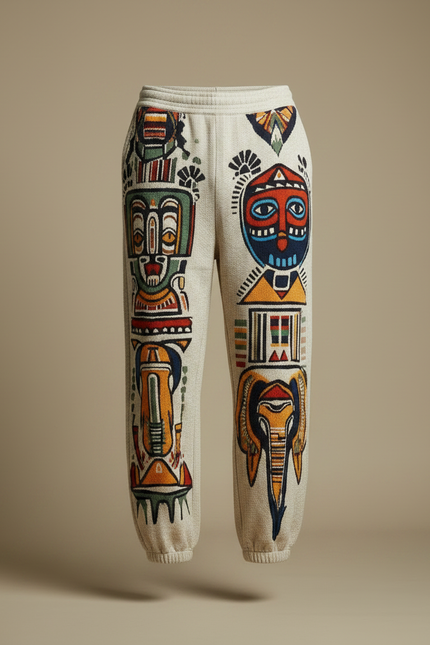 Pantalon Fluide Écru Ample Ethnique Masques Africains Homme - Beige Maille - vue 3