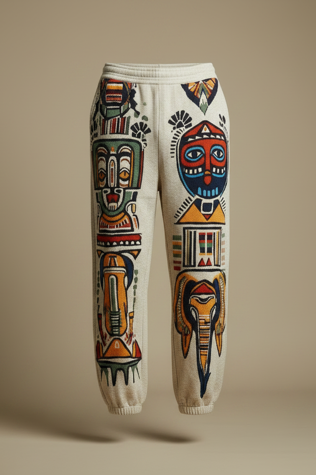 Pantalon Fluide Écru Ample Ethnique Masques Africains Homme - Beige Maille - vue 3