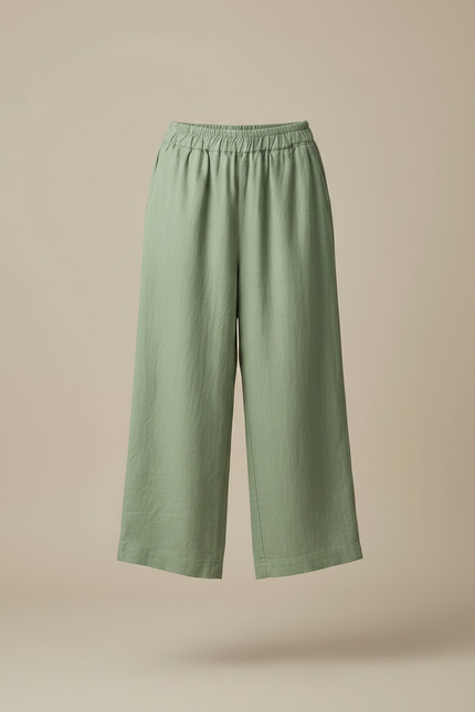 Pantalon Fluide Vert Lin Ample Court Taille Élastique - vue 3