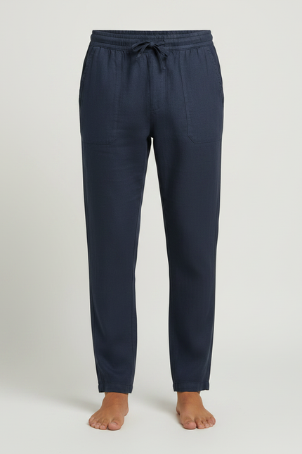 Pantalon Fluide Homme Coton Lin Bleu Marine Décontracté - vue 3