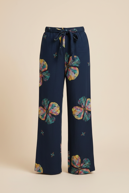 Pantalon Fluide Bleu Marine Imprimé Floral Large Fille - Viscose - vue 3