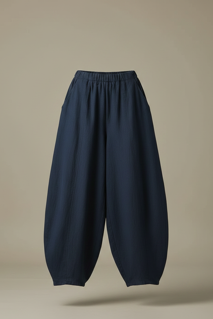 Pantalon Fluide Bleu Marine Ample Lin Coton Femme - vue 3