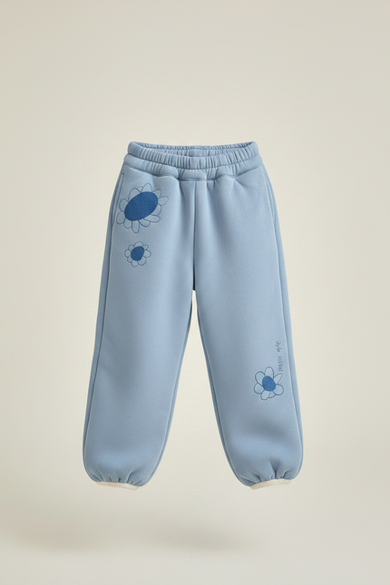 Pantalon Fluide Bleu Ciel Ample Molleton Fleurs Enfant - vue 3