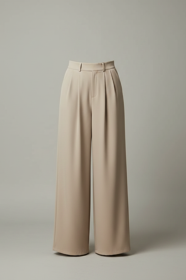 Pantalon Fluide Beige Plissé Ample Taille Haute Femme - Polyester - vue 3