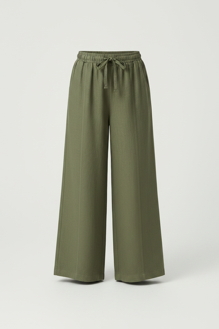 Pantalon Fluide Vert Ample Taille Élastique Lin - Kaki - vue 3