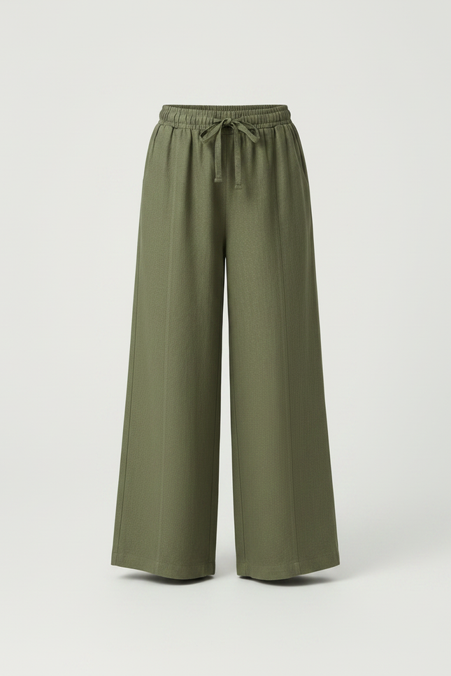 Pantalon Fluide Vert Ample Taille Élastique Lin - Kaki - vue 3