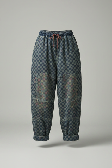 Pantalon Fluide Carreaux Denim Ample Vintage Décontracté - Imprimé Jean - vue 3