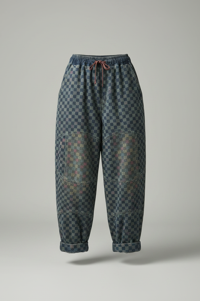 Pantalon Fluide Carreaux Denim Ample Vintage Décontracté - Imprimé Jean - vue 3