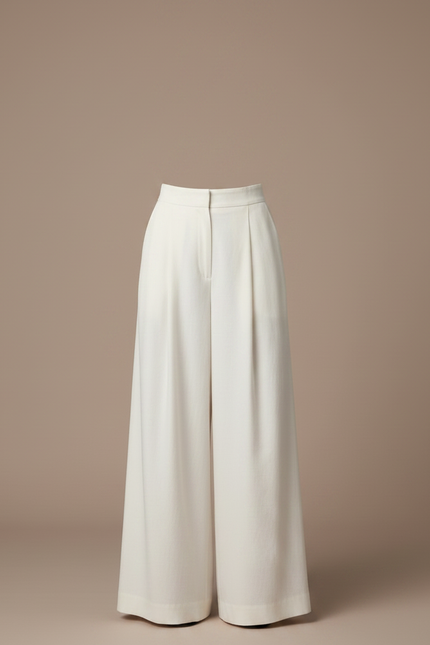 Pantalon Fluide Écru Large Plissé Chic Femme - Blanc Viscose - vue 3