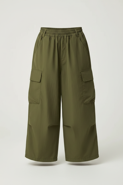 Pantalon Fluide Cargo Vert Ample Enfant Décontracté - Kaki Polyester - vue 3