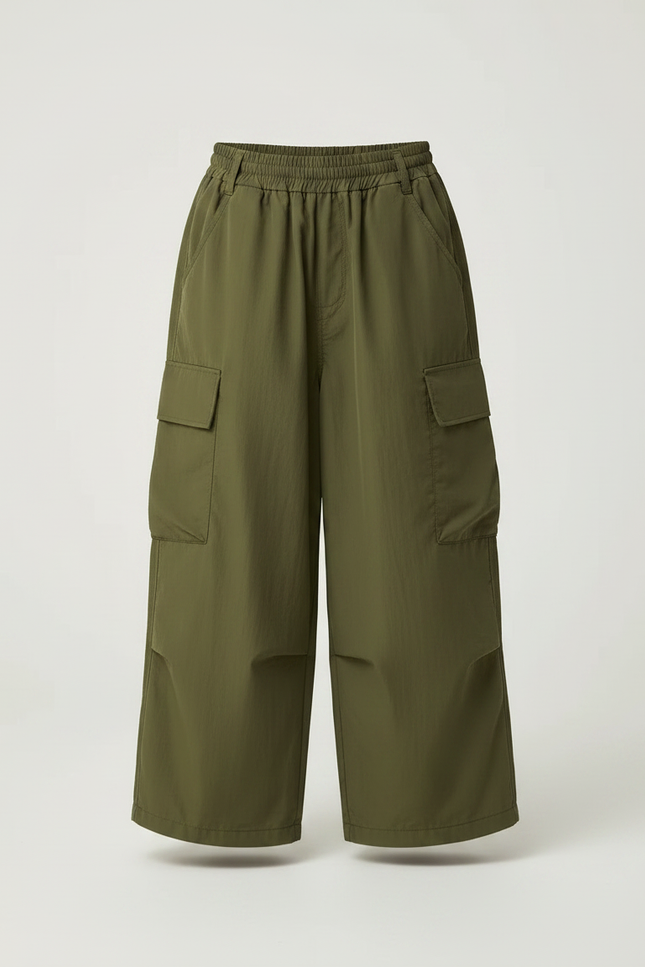 Pantalon Fluide Cargo Vert Ample Enfant Décontracté - Kaki Polyester - vue 3