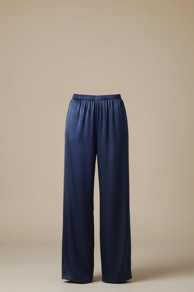Pantalon Fluide Satiné Ample Bleu Marine Élégant Femme - vue 3