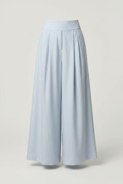 Pantalon Fluide Bleu Ciel Rayé Ample Plissé - Lin - vue 3
