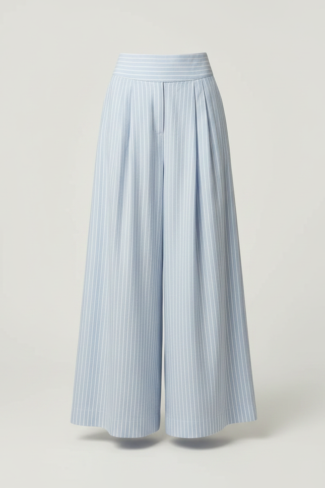 Pantalon Fluide Bleu Ciel Rayé Ample Plissé - Lin - vue 3