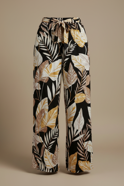 Pantalon Fluide Noir Ample Motif Feuillage Tropical - Viscose - vue 3
