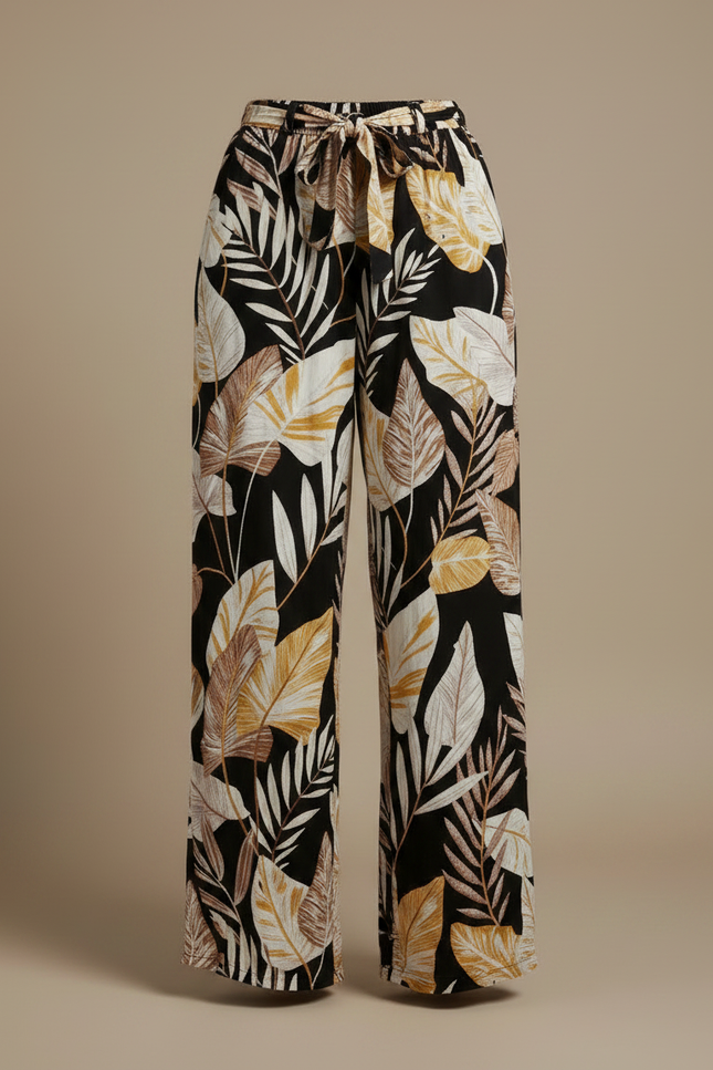 Pantalon Fluide Noir Ample Motif Feuillage Tropical - Viscose - vue 3