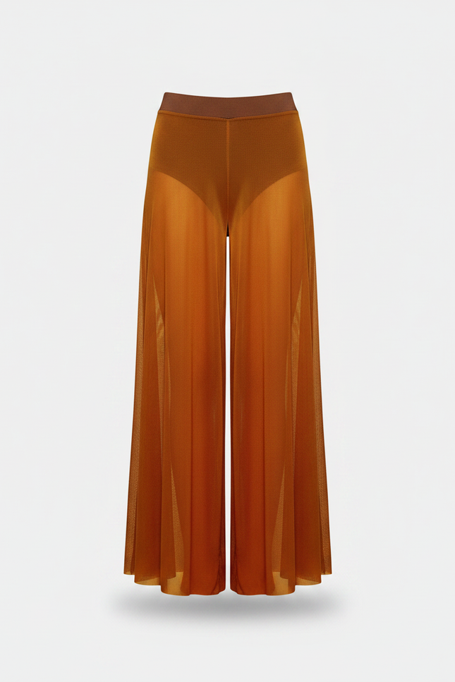 Pantalon Fluide Marron Transparent Ample Élastique Femme - Maille