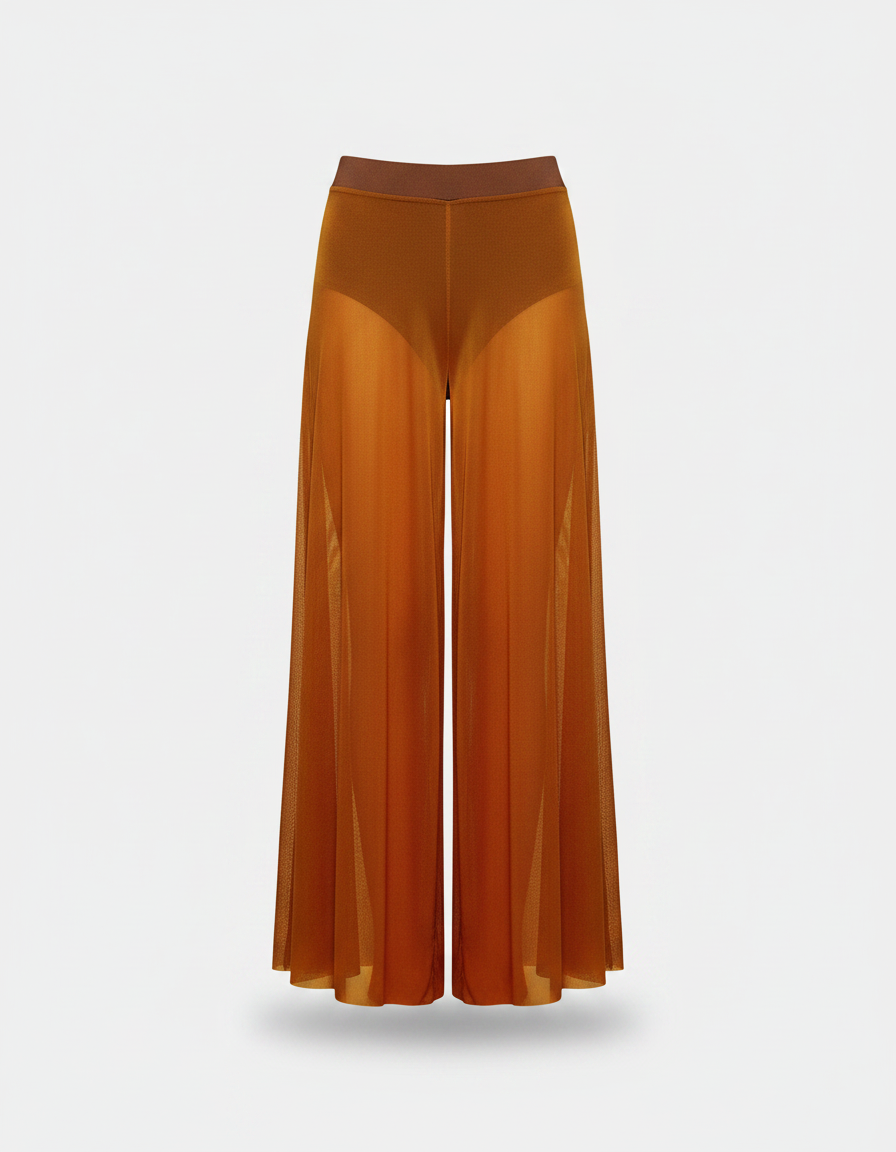 Pantalon Fluide Marron Transparent Ample Élastique Femme - Maille