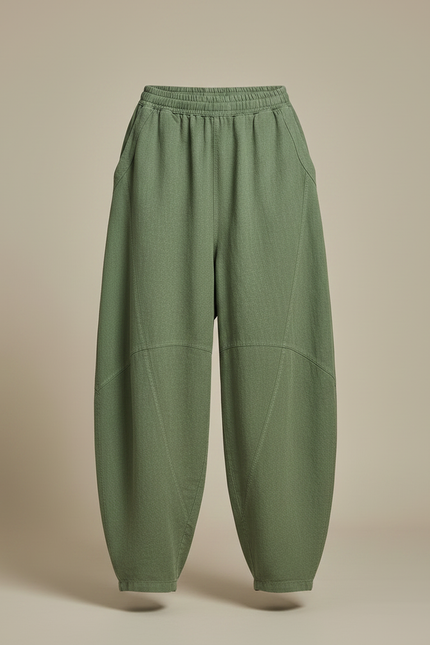 Pantalon Fluide Vert Ample Coton Lin Décontracté - Kaki - vue 3