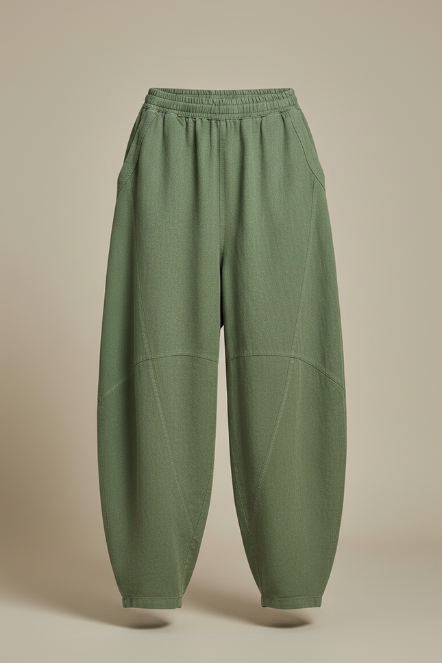 Pantalon Fluide Vert Ample Coton Lin Décontracté - Kaki - vue 3