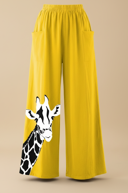 Pantalon Fluide Jaune Ample Imprimé Girafe Décontracté - Lin - vue 3