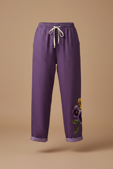 Pantalon Fluide Violet Lin Ample Imprimé Floral - vue 3