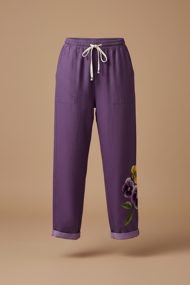 Pantalon Fluide Violet Lin Ample Imprimé Floral - vue 3