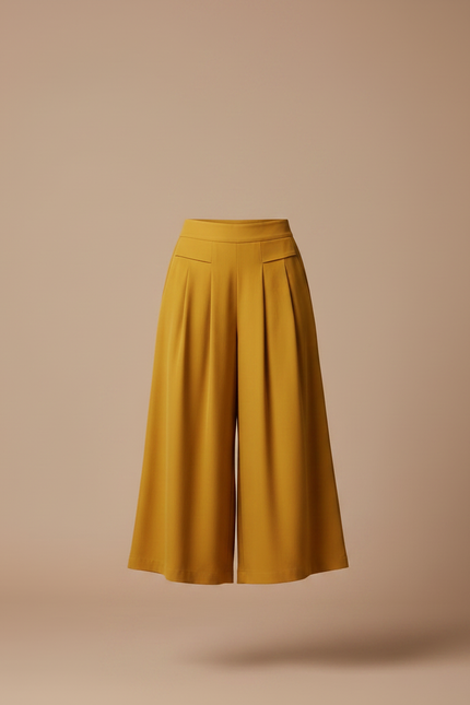 Pantalon Fluide Ample Jaune Ocre Taille Haute Élégant - Viscose - vue 3