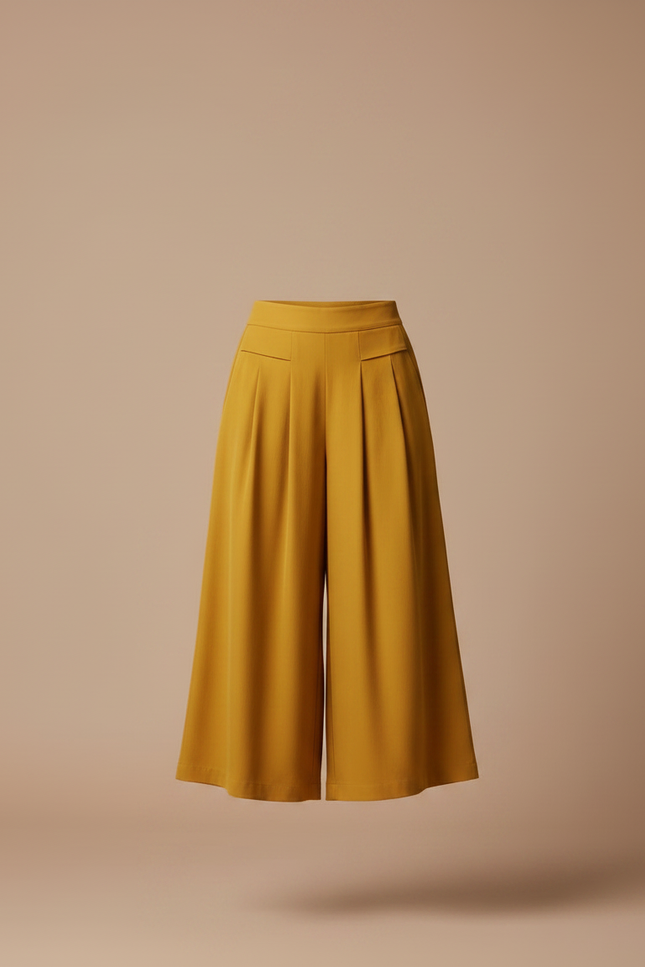 Pantalon Fluide Ample Jaune Ocre Taille Haute Élégant - Viscose - vue 3