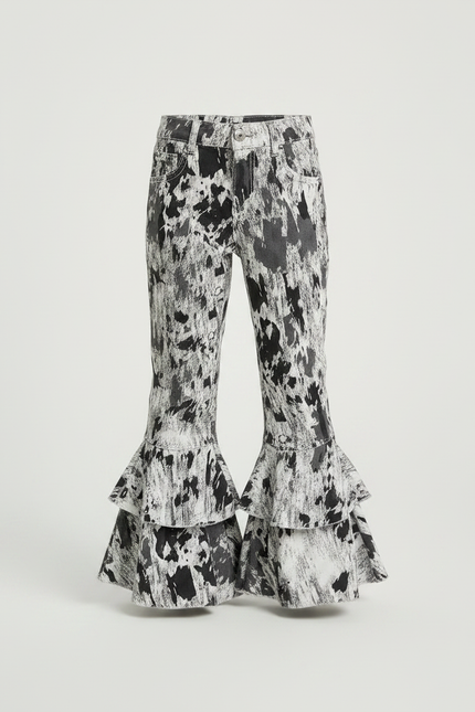 Pantalon Fluide Imprimé Abstrait Évasé Volants Noir Blanc - Viscose - vue 3