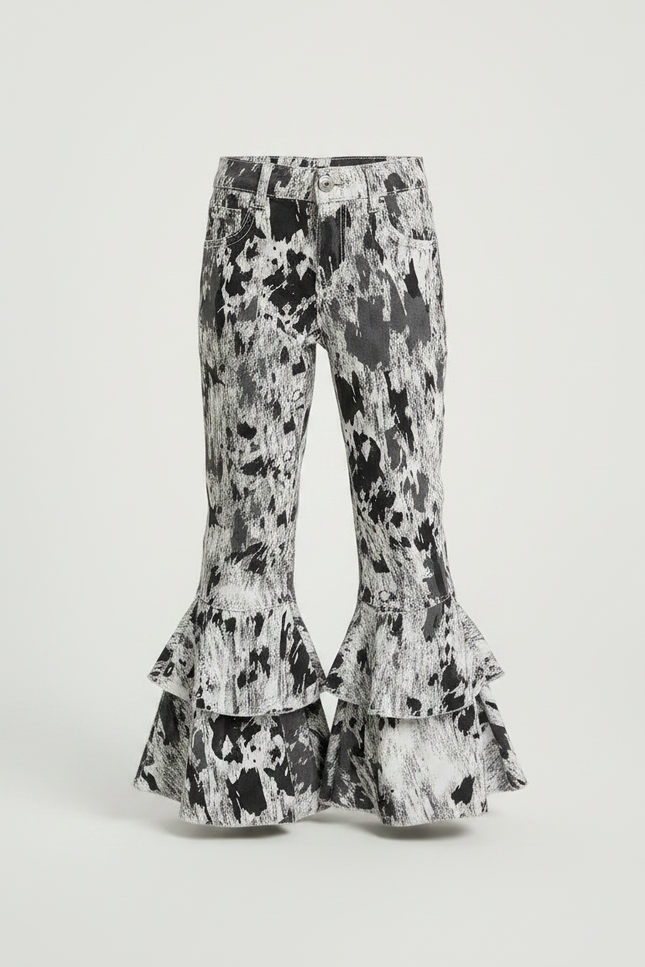 Pantalon Fluide Imprimé Abstrait Évasé Volants Noir Blanc - Viscose - vue 3