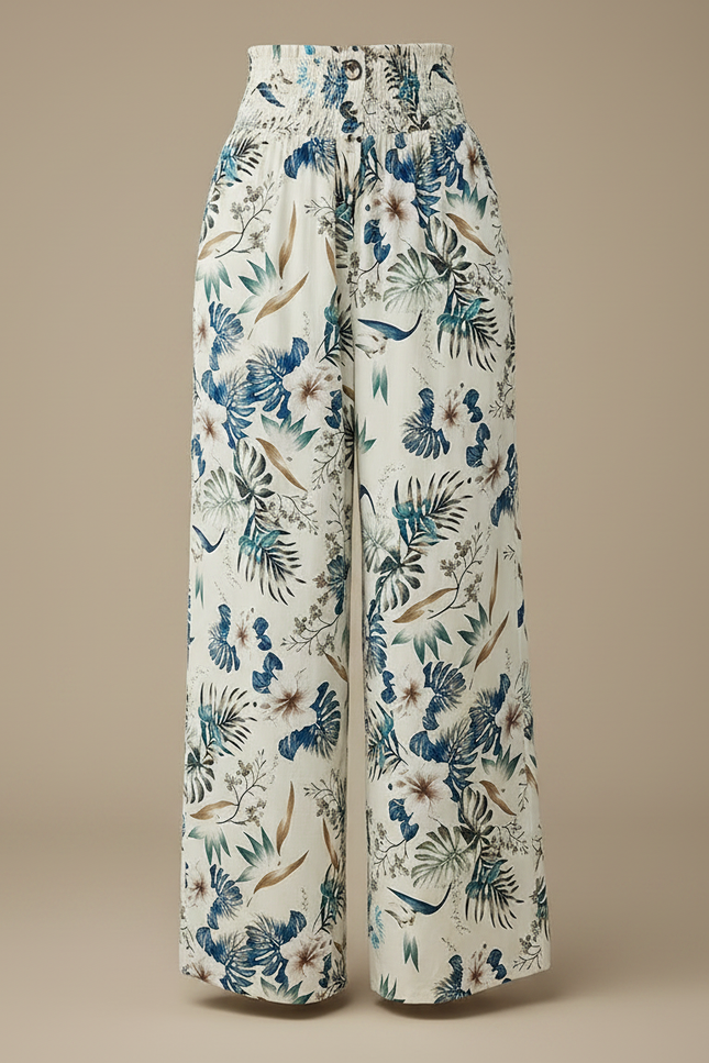 Pantalon Fluide Imprimé Floral Ample Écru Femme - Beige Viscose - vue 3