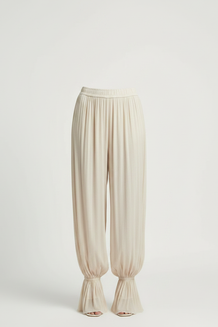 Pantalon Fluide Beige Plissé Ample Chevilles Élastiquées - Viscose - vue 3