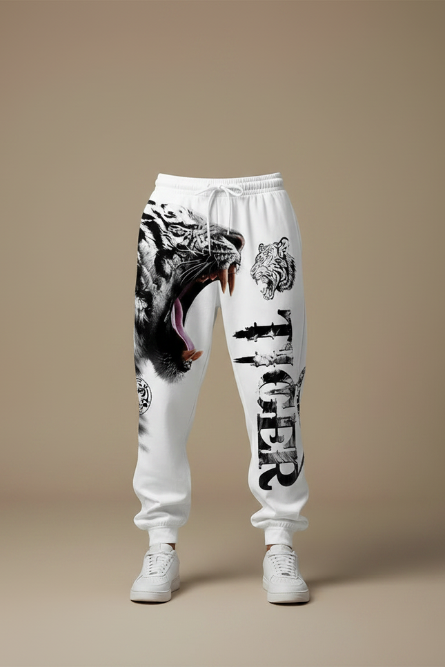 Pantalon Fluide Blanc Imprimé Tigre Ample Sportswear Homme - Molleton - vue 3