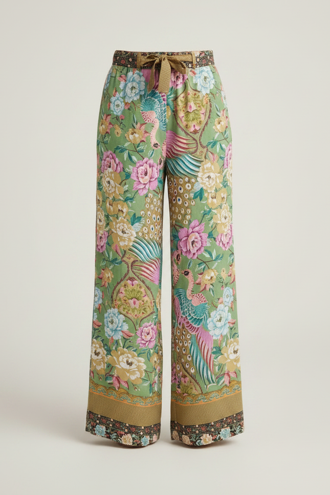 Pantalon Fluide Vert Imprimé Floral Paon Ample - Viscose - vue 3