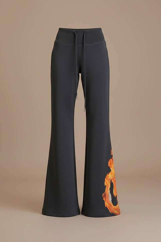 Pantalon Fluide Gris Évasé Flammes Taille Haute Confortable - Molleton - vue 3