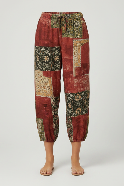 Pantalon Fluide Patchwork Bohème Imprimé Ethnique Ample Femme - Multicolore Viscose - vue 3