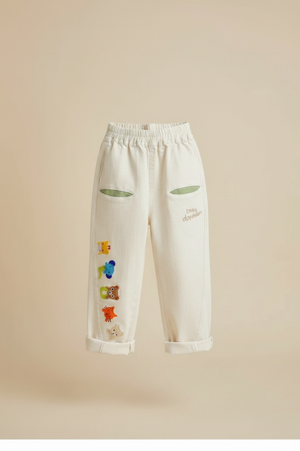 Pantalon Fluide Écru Brodé Animaux Ample Coton Garçon - Beige - vue 3