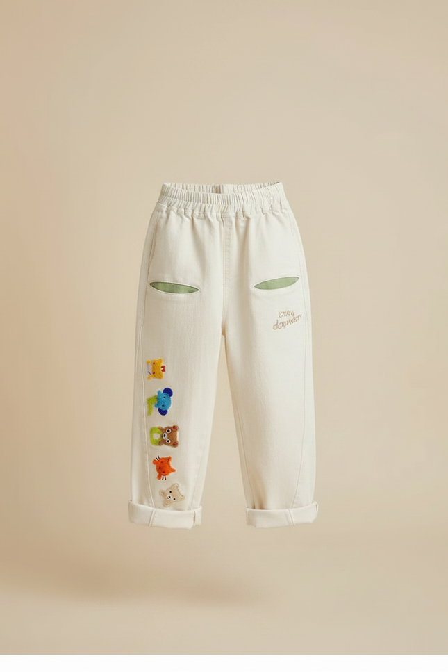 Pantalon Fluide Écru Brodé Animaux Ample Coton Garçon - Beige - vue 3