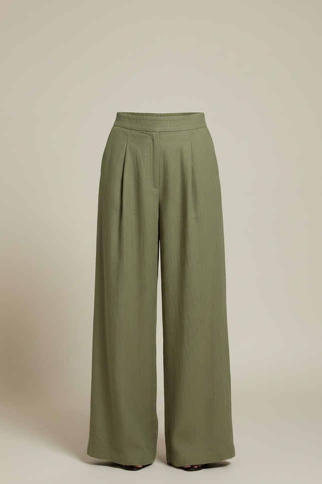 Pantalon Fluide Vert Ample Plissé Décontracté Femme - Kaki Lin - vue 3