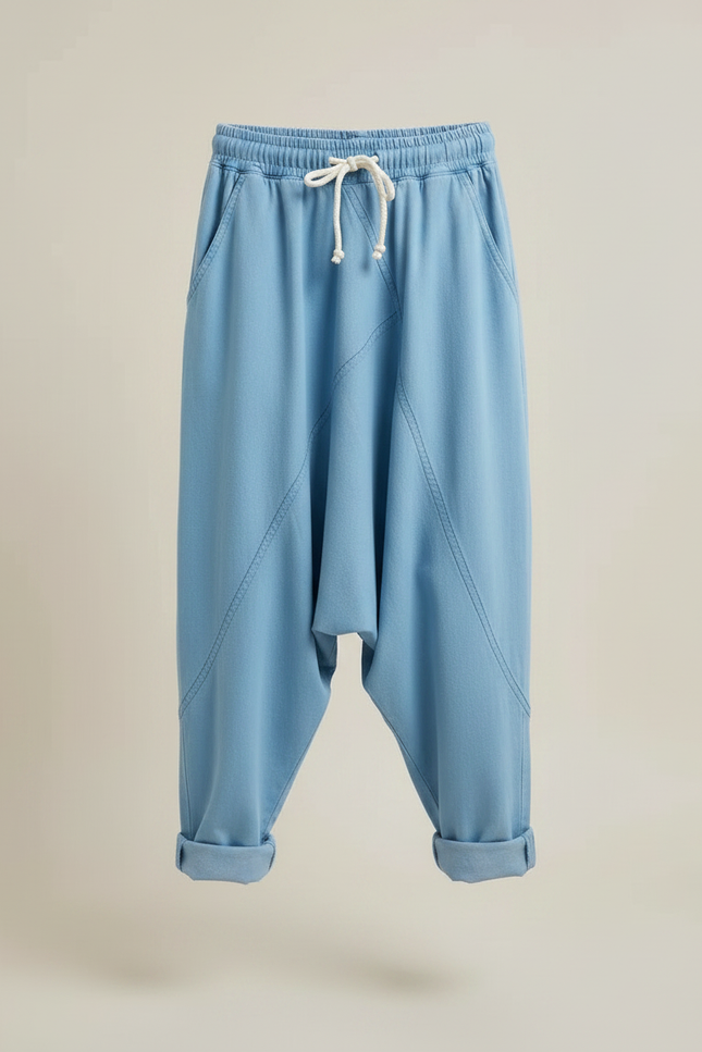 Pantalon Fluide Bleu Ciel Harem Coton Décontracté - vue 3