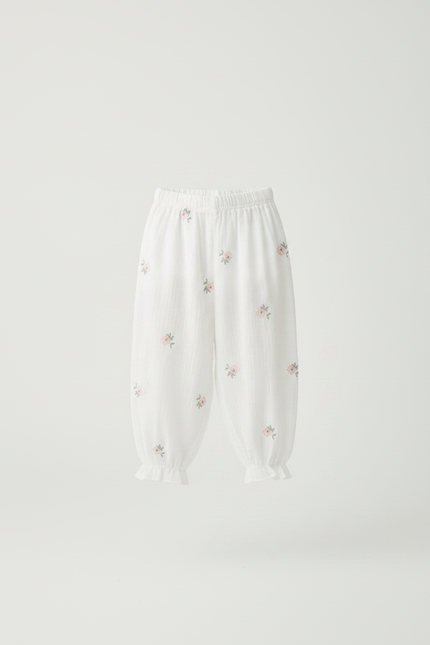 Pantalon Fluide Blanc Coton Gaze Ample Floral Enfant - vue 3