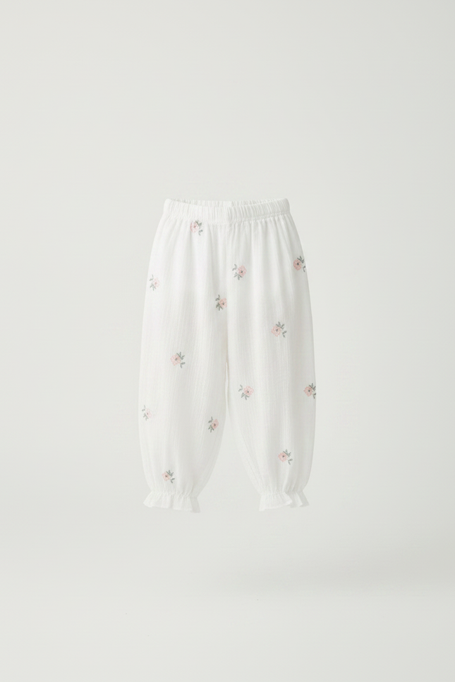 Pantalon Fluide Blanc Coton Gaze Ample Floral Enfant - vue 3