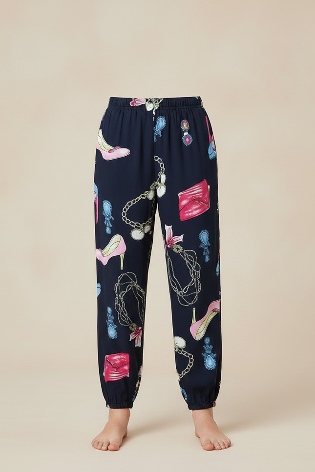 Pantalon Fluide Bleu Marine Imprimé Chaussures Bijoux - Viscose - vue 3