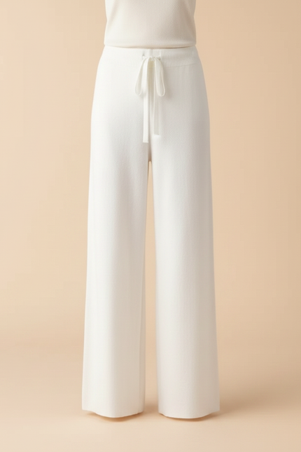 Pantalon Fluide Blanc Maille Ample Cordon Décontracté - vue 3