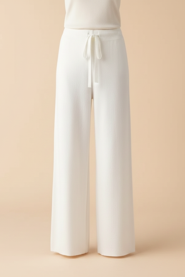 Pantalon Fluide Blanc Maille Ample Cordon Décontracté - vue 3