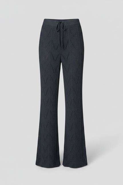 Pantalon Fluide Noir Tricoté Évasé Creux Élégant - Marine Maille - vue 3